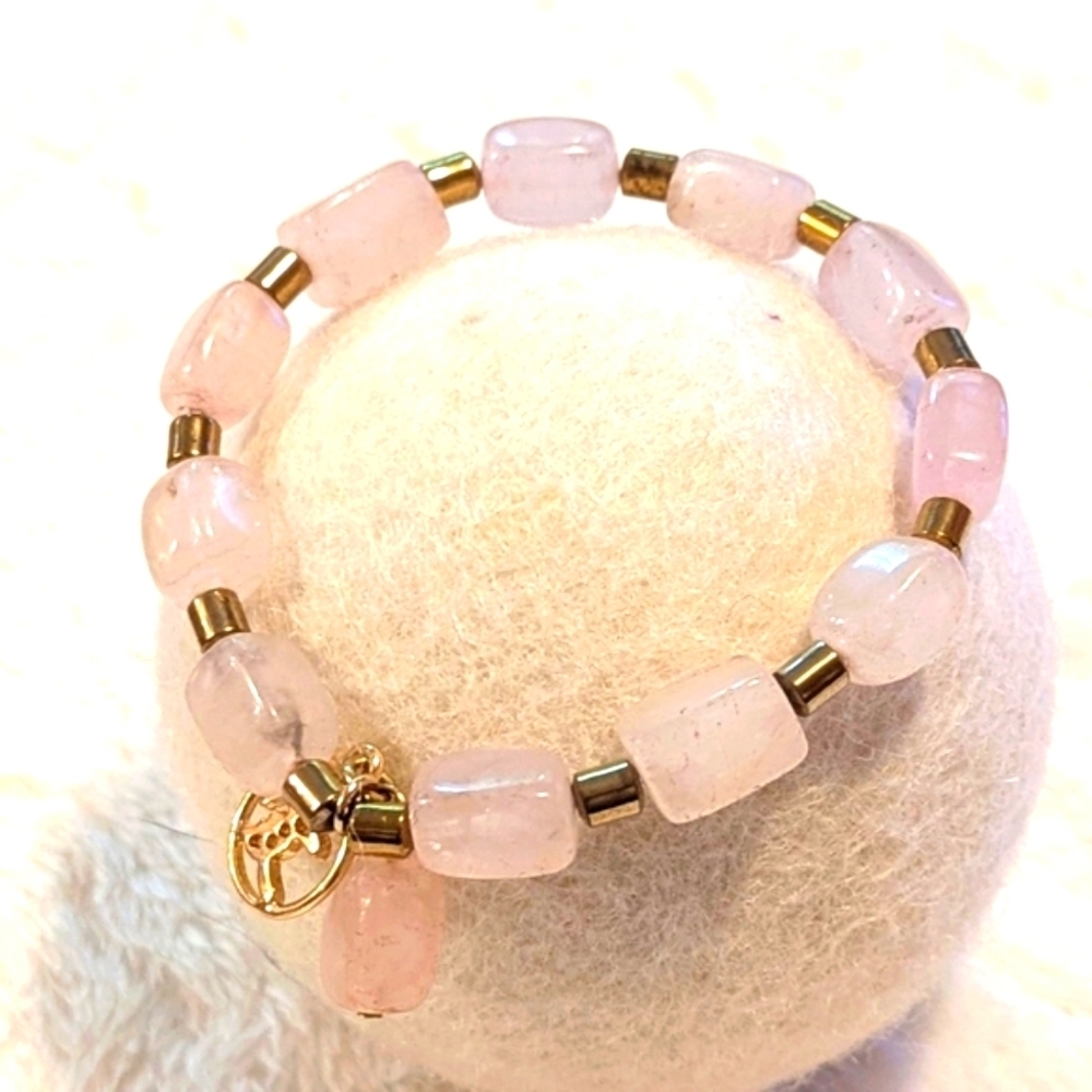 Rose Quartz Beaded Stretchy Bracelet with Goldtone Accent Beads - Picture 5 of 9